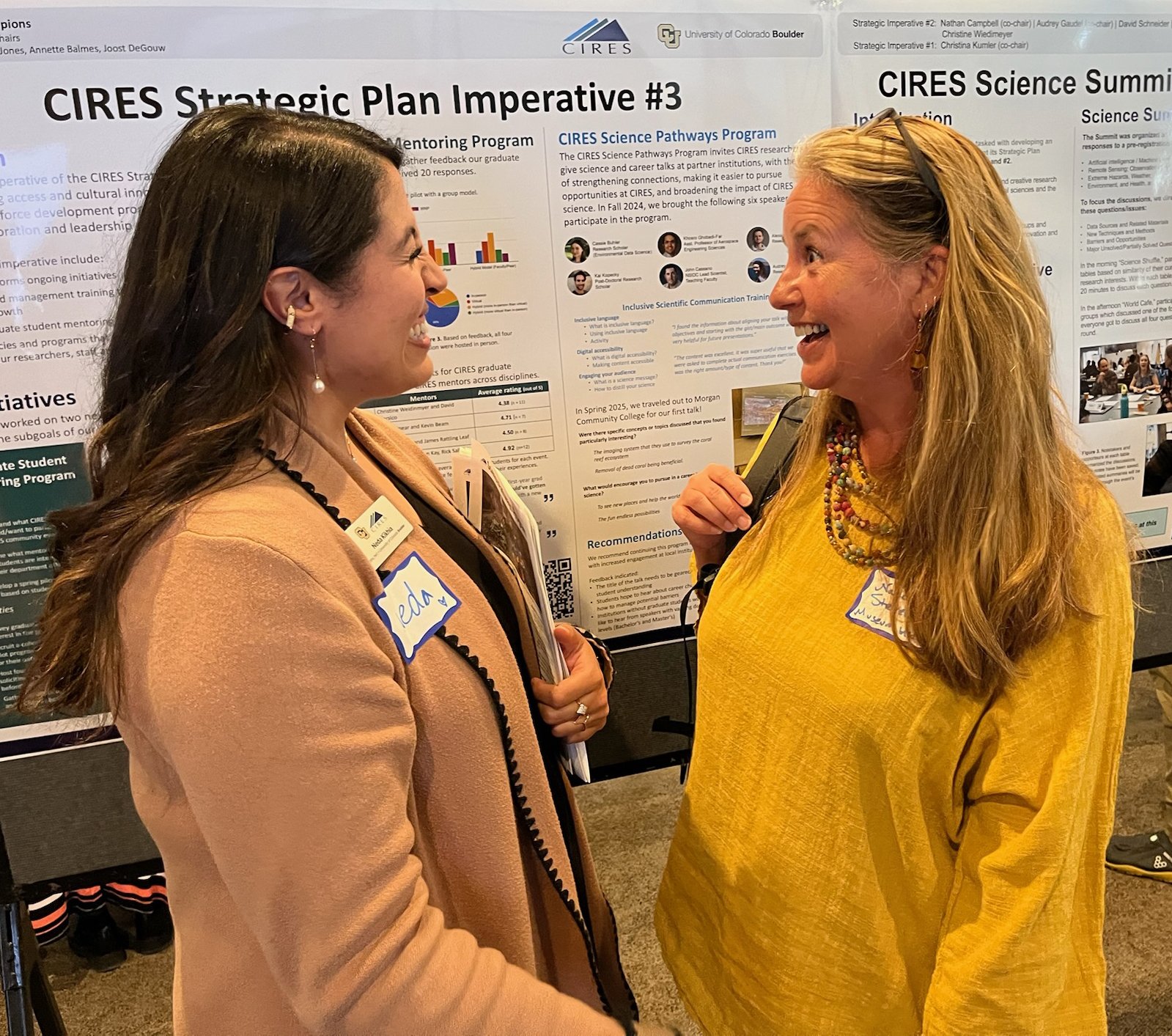 CIRES ACI Program Manager Neda Kikhia chats with Museum of Natural History Director Nancy Stevens at CIRES Rendezvous 2025 - Rendezvous 2025